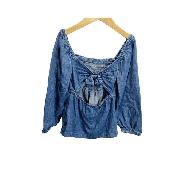 Old Navy Girls S 6/7  Blue Denim Smocked Top Open Back Tie Long Sleeved - Picture 2 of 4